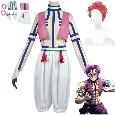 Anime Akaza Hakuji Cosplay Costume Wig Long Sleeves Tops Pink Vest Pants Combat Uniform Adult Man Ha