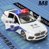 【RUM】 1:32 Scale, BMW M8 Police Car Model with Light and Sound Effects Die-cast Car Toy for Boys Bir