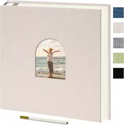 9.84x9.06 Inch Self-Adhesive Photo Album, Linen Cover Arch Window, 40 Blank Pages Memory Book with M