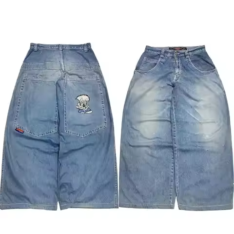 New American JNCO Light Blue Embroidered Anime Wide Leg Jeans Men's Casual Five-Quarter Length Denim