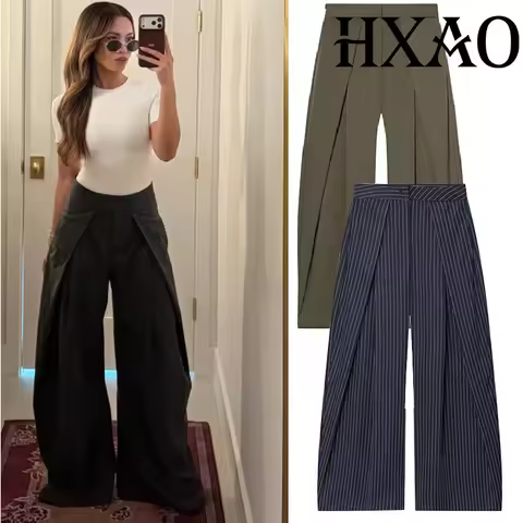 HXAO Women's Pants Baggy Wide Pants For Woman Minimalist Pleated Stripe Casual Pants Women Office Gr