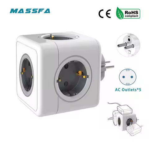 MASSFA EU Plug 5 AC Outlet Multiprise Power Strip Extension Powercube Electrical Socket 3680W Adapte