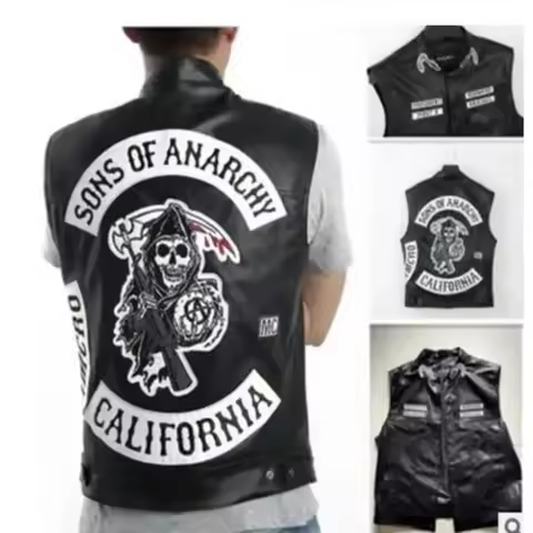 Sons Of Anarchy Embroidery Leather Rock Punk Vest Cosplay Costume Black Color Motorcycle Sleeveless 