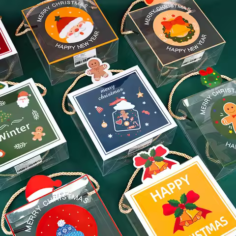 LBSISI Life 10pcs Merry Christmas Transparent Candy Boxes Chocolate Cookies Nougat Packaging New Yea