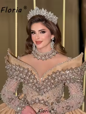 Customized Dubai Gold Wedding Dress with Detachable Train Crystal Bead Mermaid Bridal Gown Special O