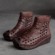 Haporri | Vintage Ethnic Style Leather Bootie Hollow Out Cut-out Mid Calf Wedge Sandal