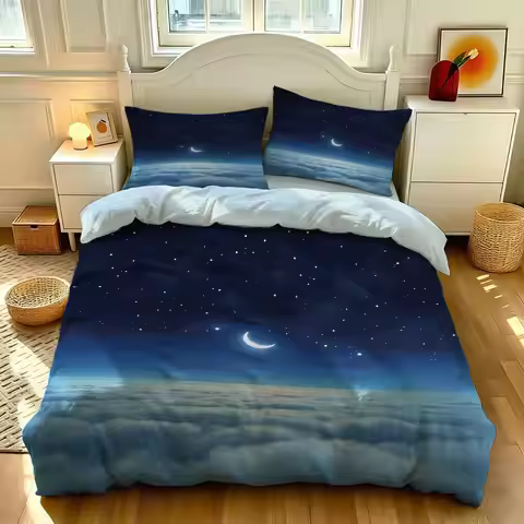 3PCS Dreamy Starry Sky Moon Cloud Sea Duvet Cover Set Soft Bedding Decorative Machine Washable Witho