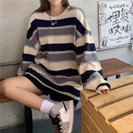 2023 Spring Autumn New Korean Loose Striped Blouse Long-sleeved T-shirt Female Round Neck Net Red St