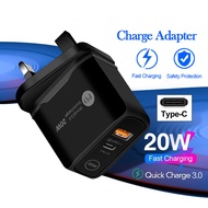 20W USB-C Power Adapter PD Fast Charger Plug Dual Port USB+Type-C Universal Charge Adapter 3 Ports 3