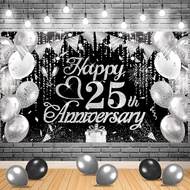 5x3ft Black Silver Happy 25th Anniversary Photography Backdrop 25th Wedding Anniversary Banner for 2