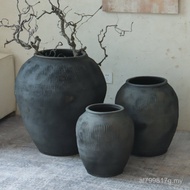 Ready Stock Retro Black Gray Clay Pot Silent Landscaping Decoration Garden Weng Cylinder Stoneware C