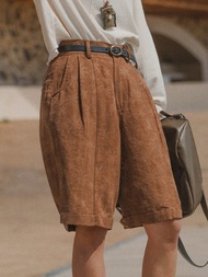 焦糖色 肌理提花香雲紗五分褲 真絲中褲 寬鬆五分褲
