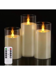 3入組象牙白閃爍無火蠟燭,電池操作亞克力led柱狀蠟燭,附遙控器和定時器,家庭裝飾,3"x 5" 6" 7"