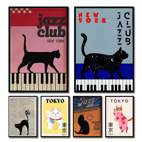 1pc Black Cat with Piano Canvas Art Poster Fortune Cat Simple Canvas Painting Wall Art for Bedroom L