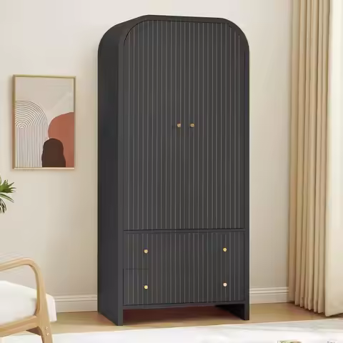 Arched Armoire Wardrobe Closet, Mid-Century Modern 2-Door Freestanding Wardrobe with Hanging Rod and