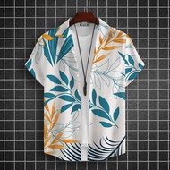 Songkran Hawaii Shirt Hundred New Mens Lapel Shirt Casual Youth Short Sleeve Tops Men's 3d Leaf Prin