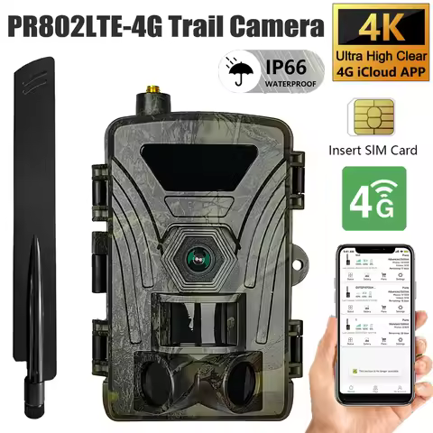 PR802LTE 4G 4K Hunting Camera with SIM Card 60MP Photos 0.3s Fast Trigger Wildlife Camera IR Night V