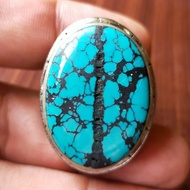 Cincin Pria Batu Gemstone Turquoise / Pirus Hubei Motif Kendit Langka