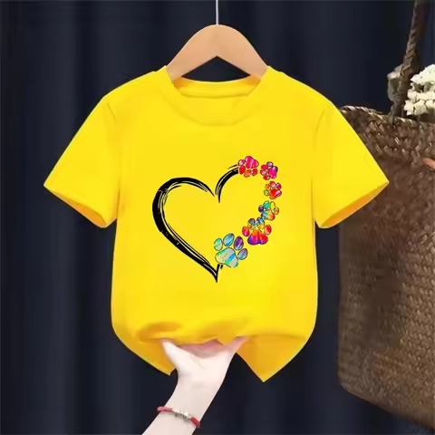 2026 New Colorful Dog Paw Pattern Pure Cotton Printed Children's T‑shirt Personalized Round Neck New