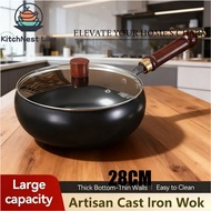 28cm Deep Frying Pan No Coatings Splash-proof Pot with Glass Lid and Wooden Handle Hand-Forged Iron 