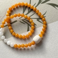 天然雞油黃蜜蠟 猛獁象牙六字箴言設計雙圈手串