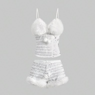 Gyaru Y2K Abby Himekaji Winter Snow Outfit, Detachable Fluffy Vest Paired With Low-Waist Fluffy Shor