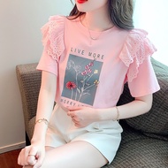 Cotton Short Sleeved Lace Patchwork T-shirt for Women Summer New Korean Style Design Sense Niche Top