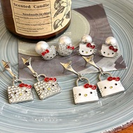 MACTEAM 1Pair Hello Kitty Sparkling Diamond Stud Earrings Anime Sanrio KT Cat Bow Stud Kawaii Woman 