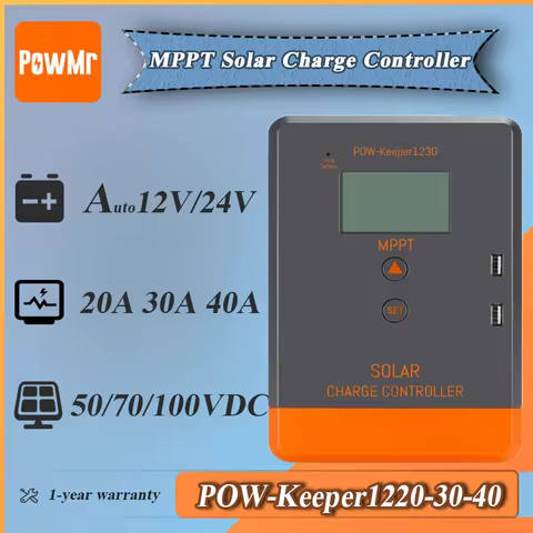 PowMr 20A 30A 40A MPPT Solar Charge Controller Max PV 50V 70V 100V Auto 12V 24V Battery Dual USB LCD