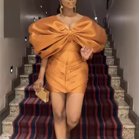 AOMEI Customized Orange Bow Tie Statement Mini Dress Puff Sleeve Elegant Vestidos Cortos Party Dress