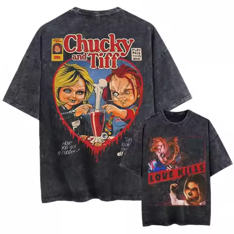 Unisex Vintage Washed Oversized Black Tshirt Short Sleeve Tees Graphic Men Women Clothing Chucky And