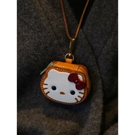 Man Color Vegetable Tanned First Layer Cowhide Earphone Storage Bag KT Cat Cute Cartoon Hello Kitty 