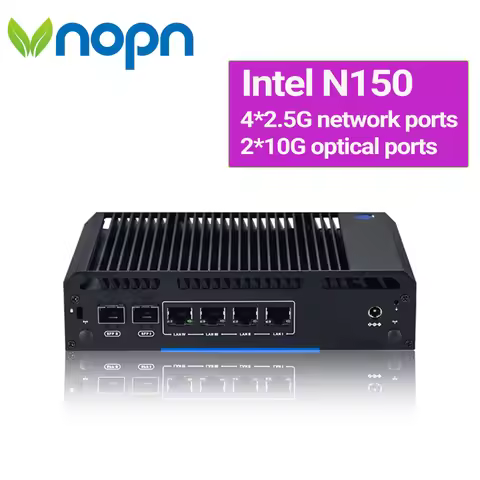 VNOPN fanless Firewall Mini PC Intel N150 4xi226-V 2.5G 2 x10G optical ports SFP DDR4 NVMe Type-C pf