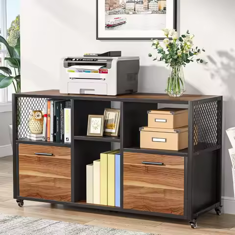 2 Drawer Wood File Cabinets, Modern Mobile Lateral Filing Cabinet , Printer Stand with Open Storage 