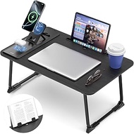 Foldable Laptop Desk for Bed with Wireless Charger - Large Lap Computer Tray Table with Tablet Slot 
