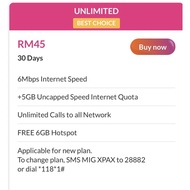 plan internet celcom unlimited call & data 6mbps RM45 PLAN BARU