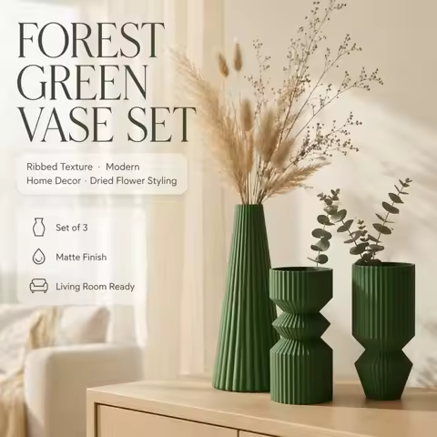 3Pcs Vertical Fluted Green Vase Set PLA 3D Printed Matte Forest Green Vase Modern Nordic Minimalist 