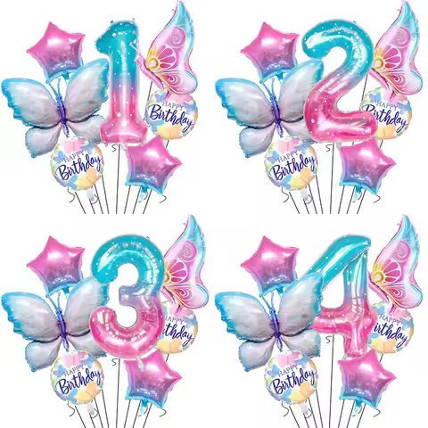 7pcs/set Butterfly Birthday Balloon 40inch Starry Sky Gradient 0-9 Number Balloon Helium Balloon Bir