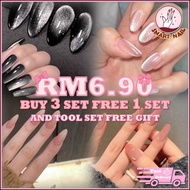 10pcs/set Kuku Palsu Cat Eye Bentuk Badam Buatan Tangan + Alat Percuma Reka Bentuk Ringkas Fake Nail