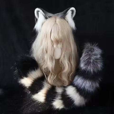 New hand Work Raccoon Procyon Lotor Cosplay Ears Hairhoop Tail Halloween party Costume Accessories F