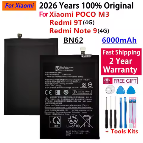 2026 Years 100% Original 6000mAh BN62 Battery For Xiaomi Pocophone Poco M3 For Note 9 Redmi 9T Batte