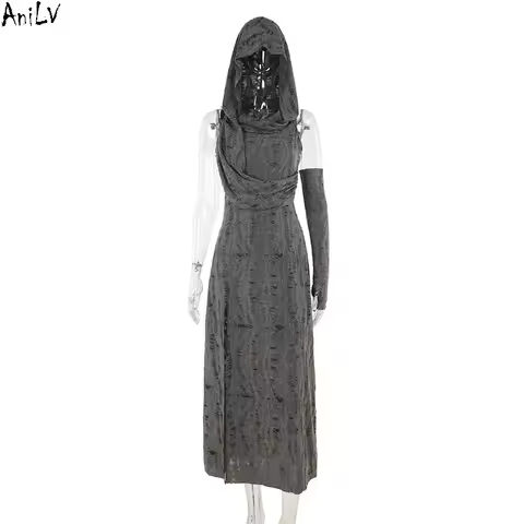 AniLV Dune Desert Queen Women Tear Hole Broken Hooded Long Dress Costume Wasteland Cosplay