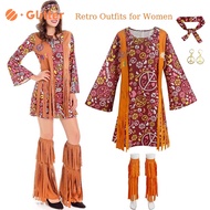 60s 70s Retro Outfit For Woman Disco Brown Floral Hippie 2 in 1 Dress Tassel Vest Shoes Cover Outfits Halloween Party Costume