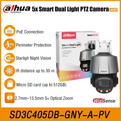 Dahua SD3C405DB-GNY-A-PV 4MP PTZ Smart Dual Light Wizsense PoE AI Camera 2.7~13.5mm 5X Optical Zoom 