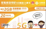 (Sim卡/旅遊卡) 中國聯通星馬泰及印尼5日/8日/15日通話/上網卡（每日2GB） HK$35