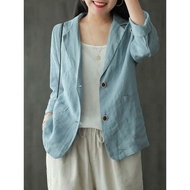 2022 Spring Thin Casual Cotton Linen Long-Sleeved Suit Two Buttons Cotton Linen Small Suit Jacket Wo