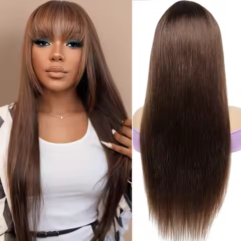 100% Human Hair Wigs Full Wig with Bang Brown Straight Machine Made Wig with Fringe Bobbi Collection