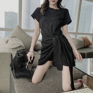 Women's plus size irregular t-shirt dress, round neck short sleeve black &amp; grey colour choice cotton mini dress