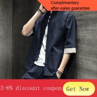 ! Hanfu Hanfu Men's Cotton and Linen Shirt Chinese Style Summer Buckle Retro Half Sleeve Hanfu Stand Collar Tangzhuang M