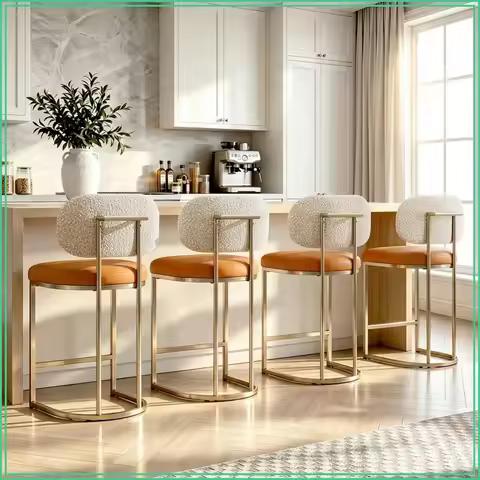 24.8" Bar Stools Set of 4, Counter Height with Back, Upholstered Boucle & PU, Gold Legs, 300LBS